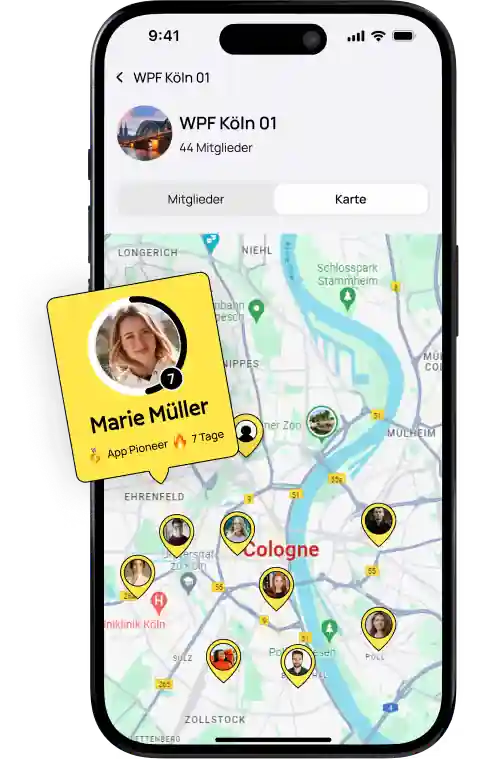 WPF Community app showing a local member group on a map of Cologne
